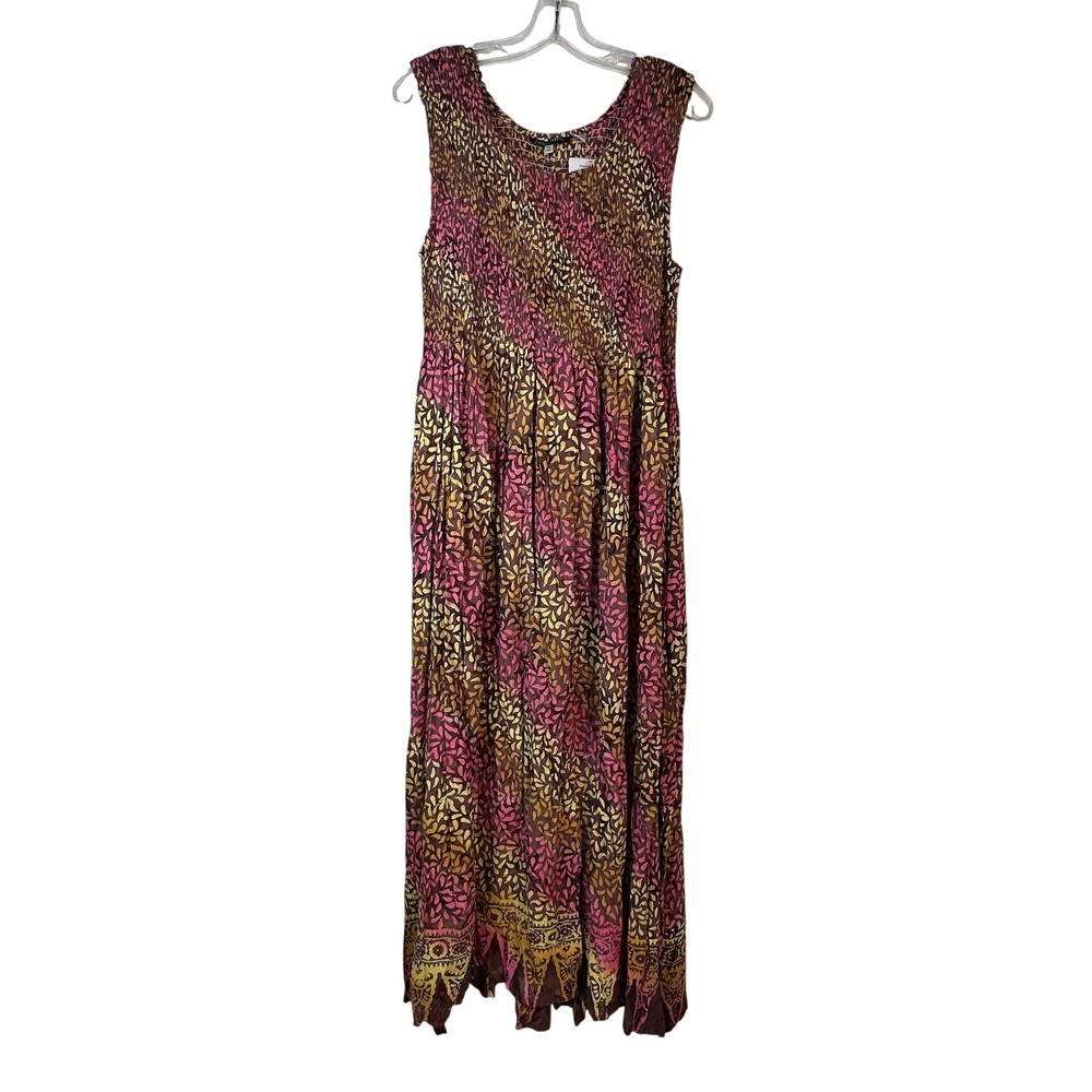 LotusTraders Phillippe Dress Pink Yellow‎ Batik Smocked Maxi Rayon One Size NWT